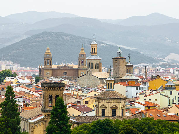 Panoramic view of Pamplona on the background of mountains, Navarre, Spain